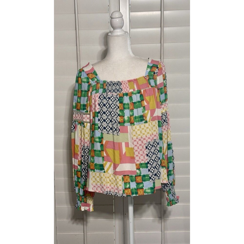 Fate Women Size S Patchwork Balloon Long Sleeve Smocked Cuff Blouse Boho